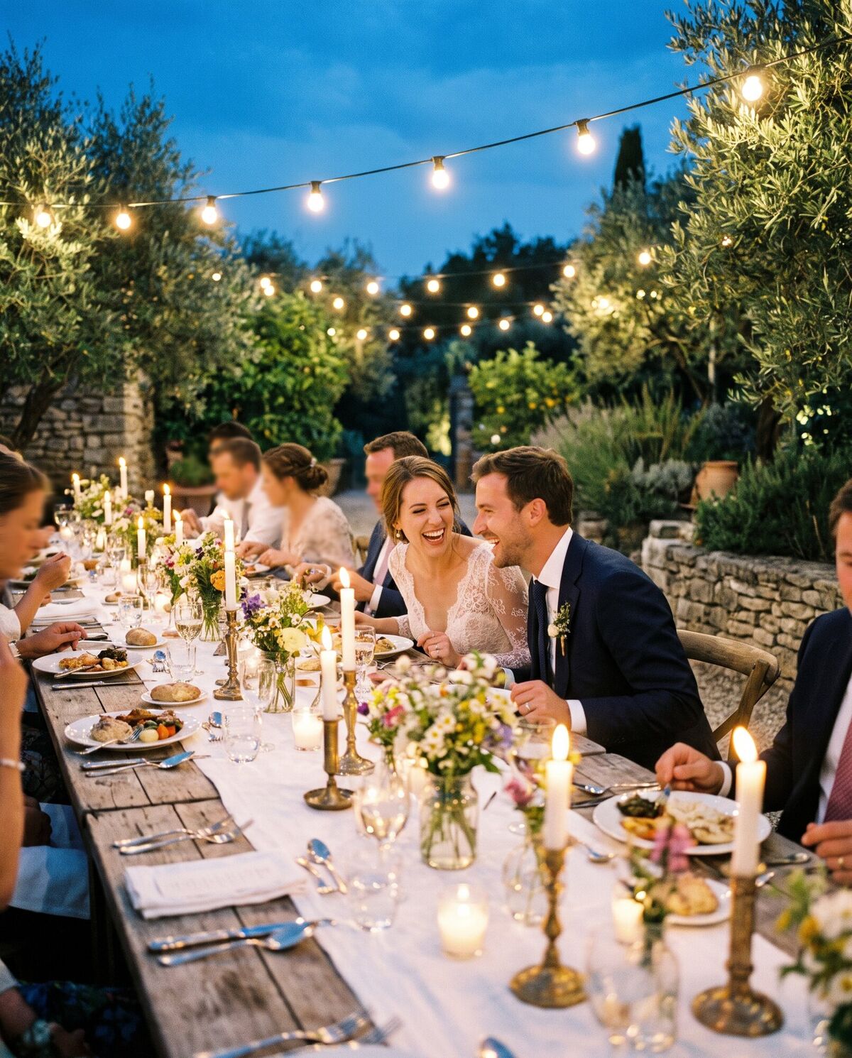 Soirée de mariage sous guirlandes lumineuses, retouchée